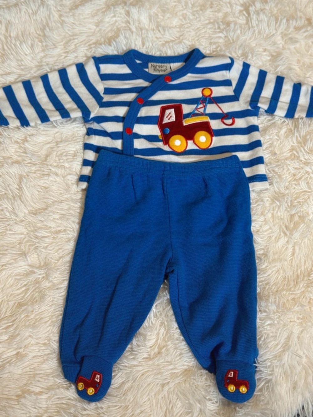 Vintage Nursery Rhyme Tow Truck Striped Footie Pant Set - 0-3M